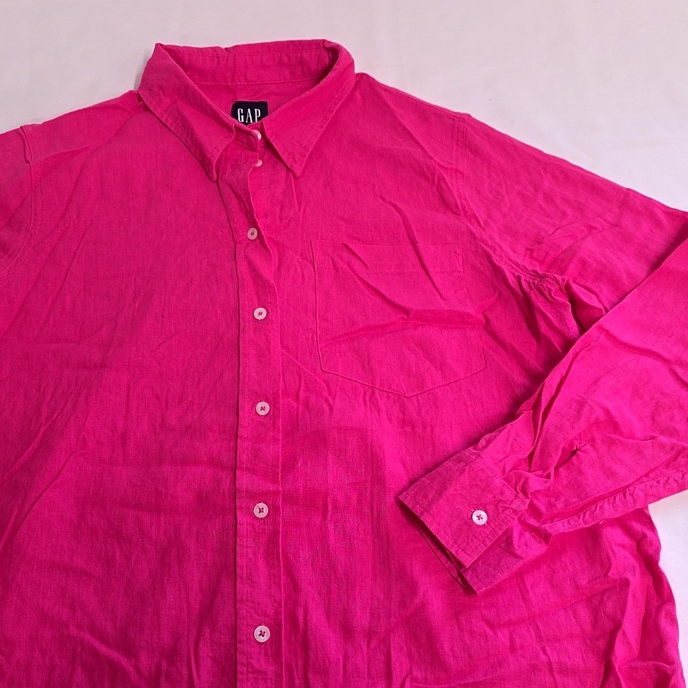 Gap Linen Blend Button Down Shirt Womens M Pink Long Sleeve Pocket Coastal Beach